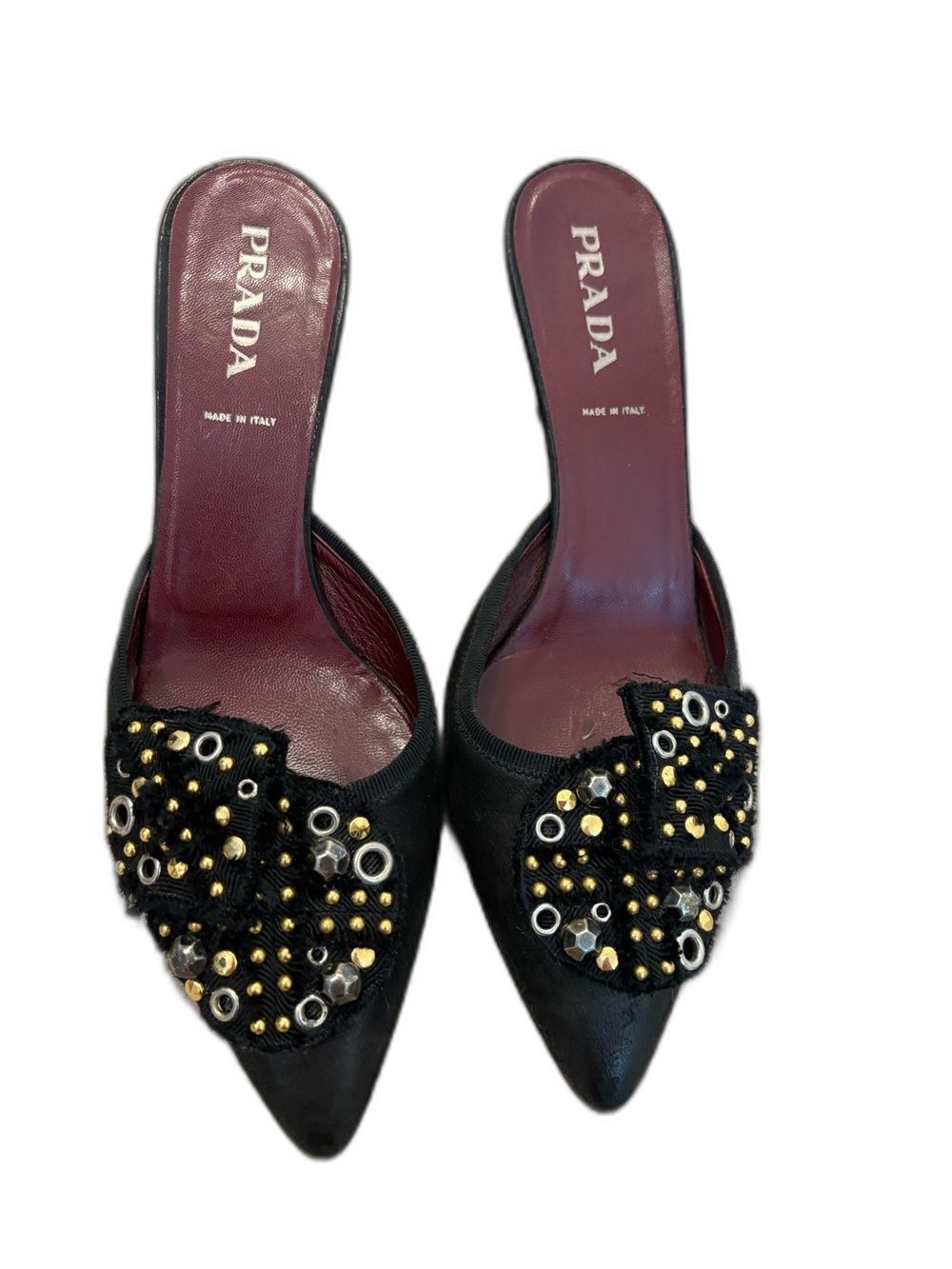 Vintage Prada Black Leather Kitten Heels Embellished Pointed Toe Pumps Size 6